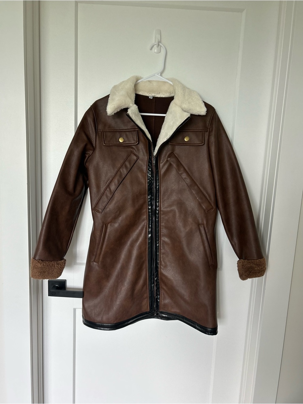 Brown Faux Leather Coat with Faux Fur Collar